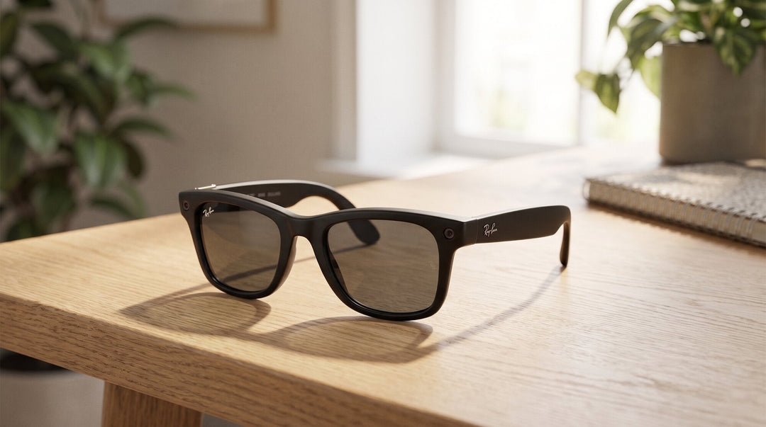Ray-Ban Meta Gen 3 Wayfarer smart glasses on a desk, ready for prescription lenses from Tajima Direct