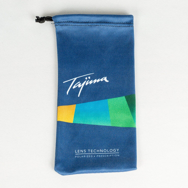Tajima branded microfiber sunglass storage pouch front view with drawstring closure