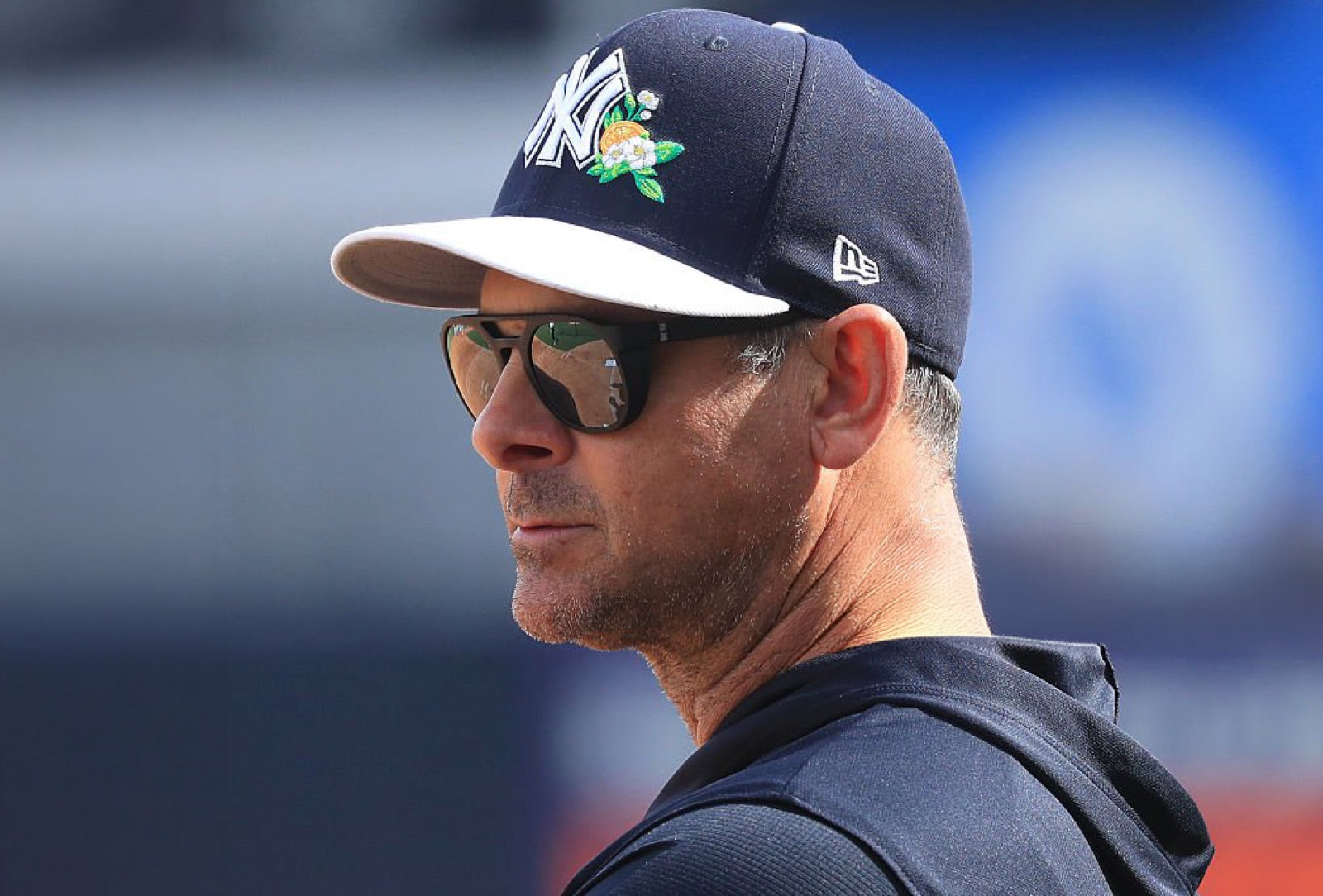 Close-up of Aaron Boone in basn5 Fort Point sunglasses with Tajima polarized lenses at Yankees spring training